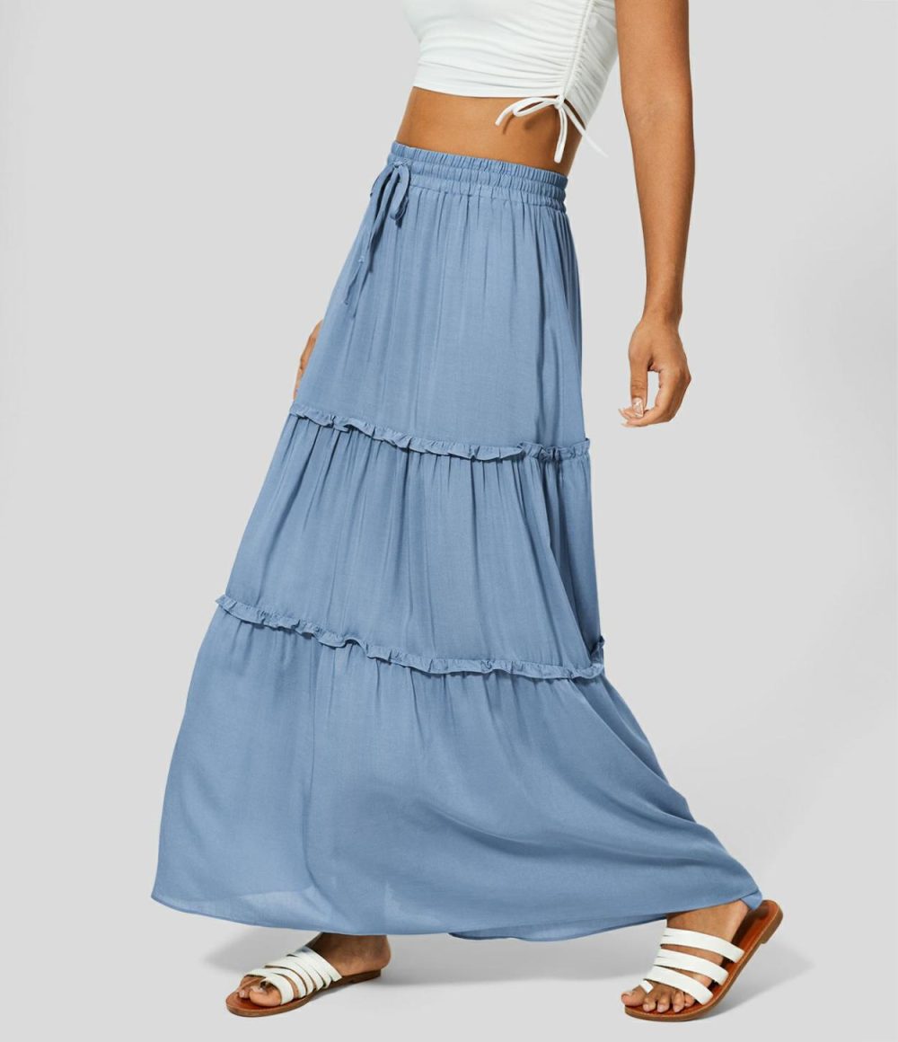 High Waisted Elastic Waistband Drawstring Frill Flowy Maxi Casual Skirt  | Womens  Everyday Skirts Clothing Everyday Skirts