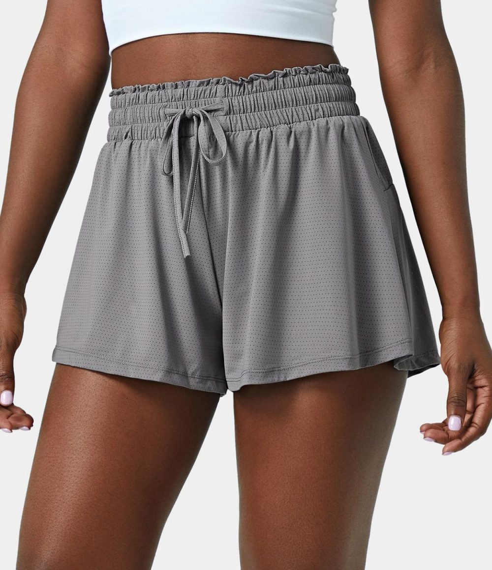 High Waisted Frill Elastic Mesh Drawstring Shorts 2.5”  | Womens  2.5″ Shorts Clothing 2.5" Shorts