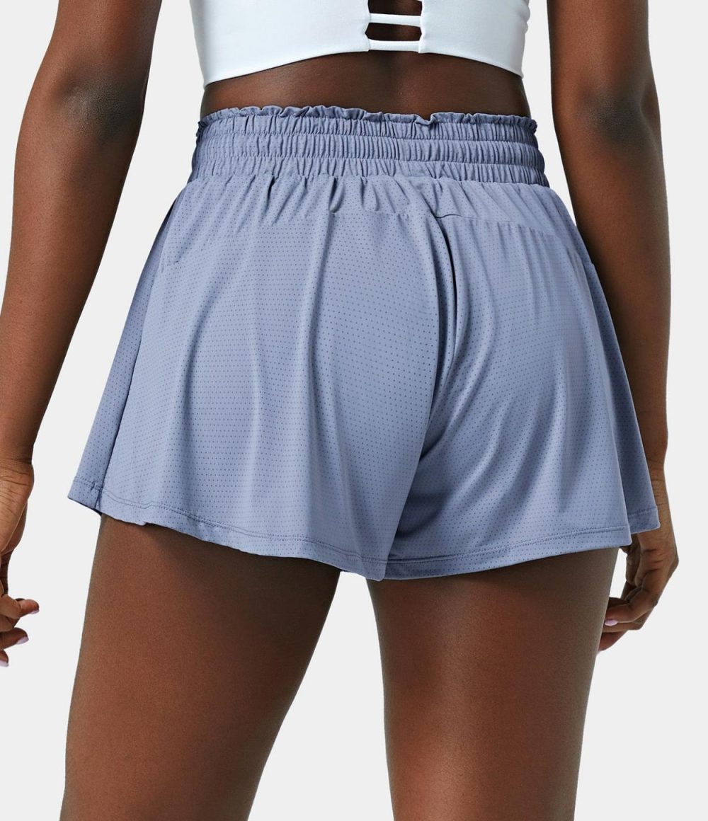 High Waisted Frill Elastic Mesh Drawstring Shorts 2.5”  | Womens  2.5″ Shorts Clothing 2.5" Shorts