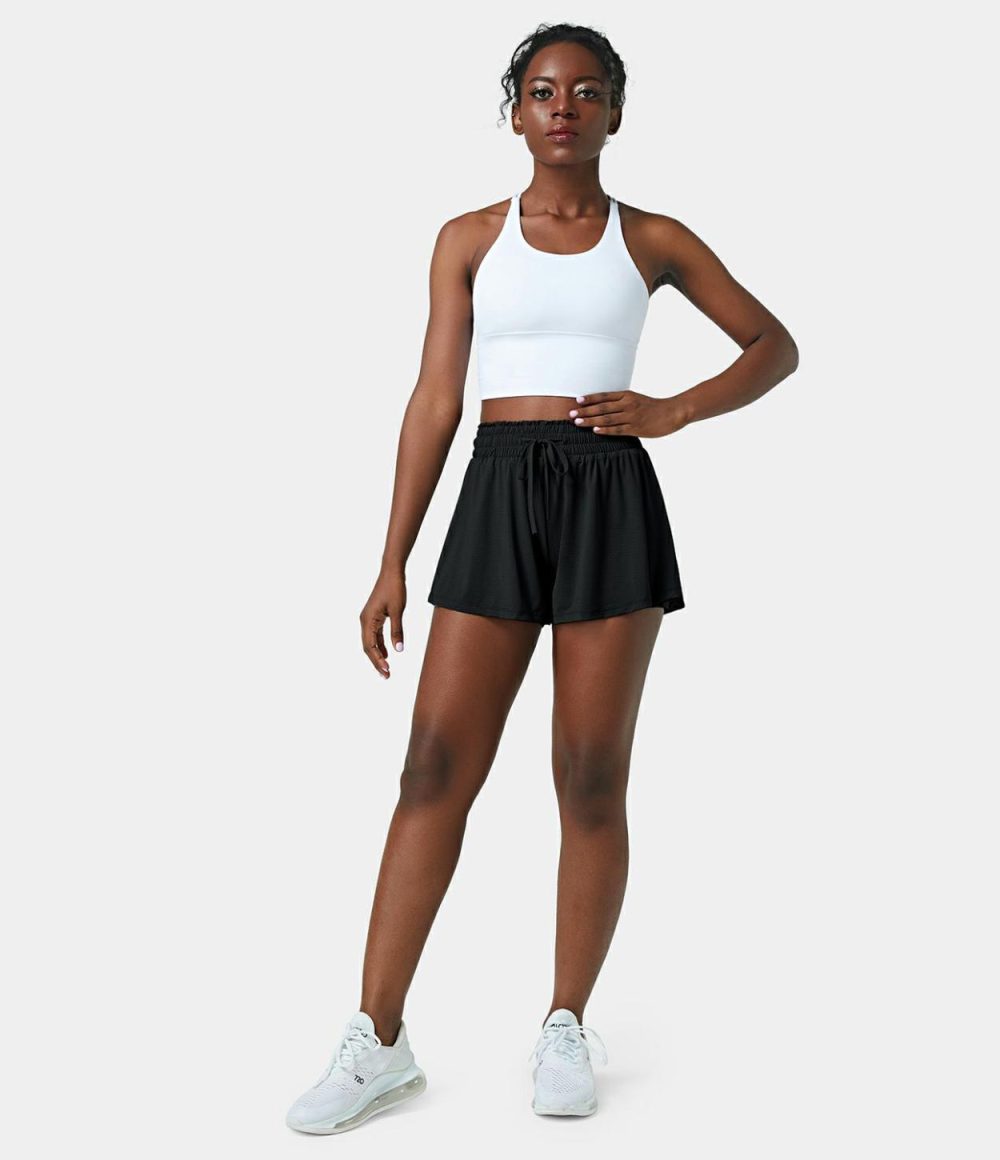 High Waisted Frill Elastic Mesh Drawstring Shorts 2.5”  | Womens  2.5″ Shorts Clothing 2.5" Shorts