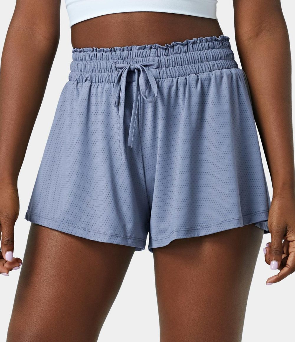 High Waisted Frill Elastic Mesh Drawstring Shorts 2.5”  | Womens  2.5″ Shorts Clothing 2.5" Shorts