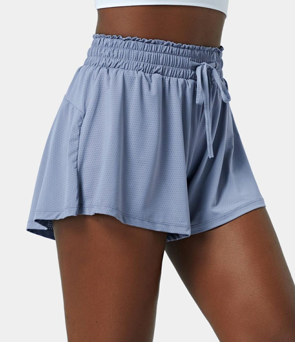 High Waisted Frill Elastic Mesh Drawstring Shorts 2.5”  | Womens  2.5″ Shorts Clothing 2.5" Shorts