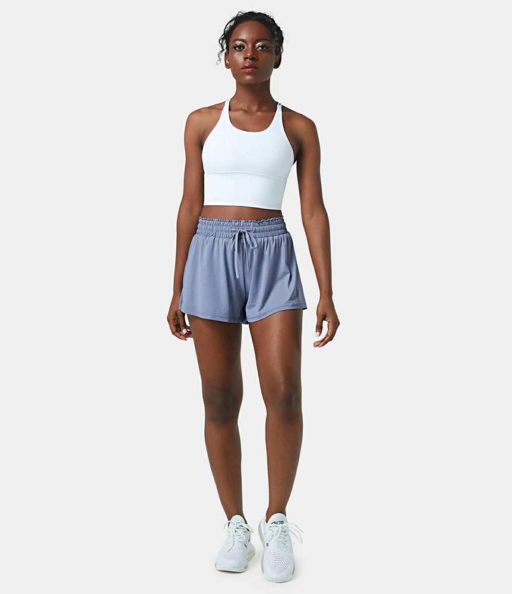 High Waisted Frill Elastic Mesh Drawstring Shorts 2.5”  | Womens  2.5″ Shorts Clothing 2.5" Shorts