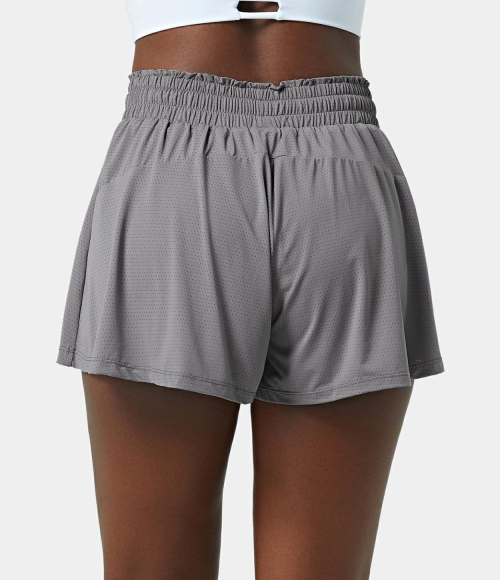 High Waisted Frill Elastic Mesh Drawstring Shorts 2.5”  | Womens  2.5″ Shorts Clothing 2.5" Shorts