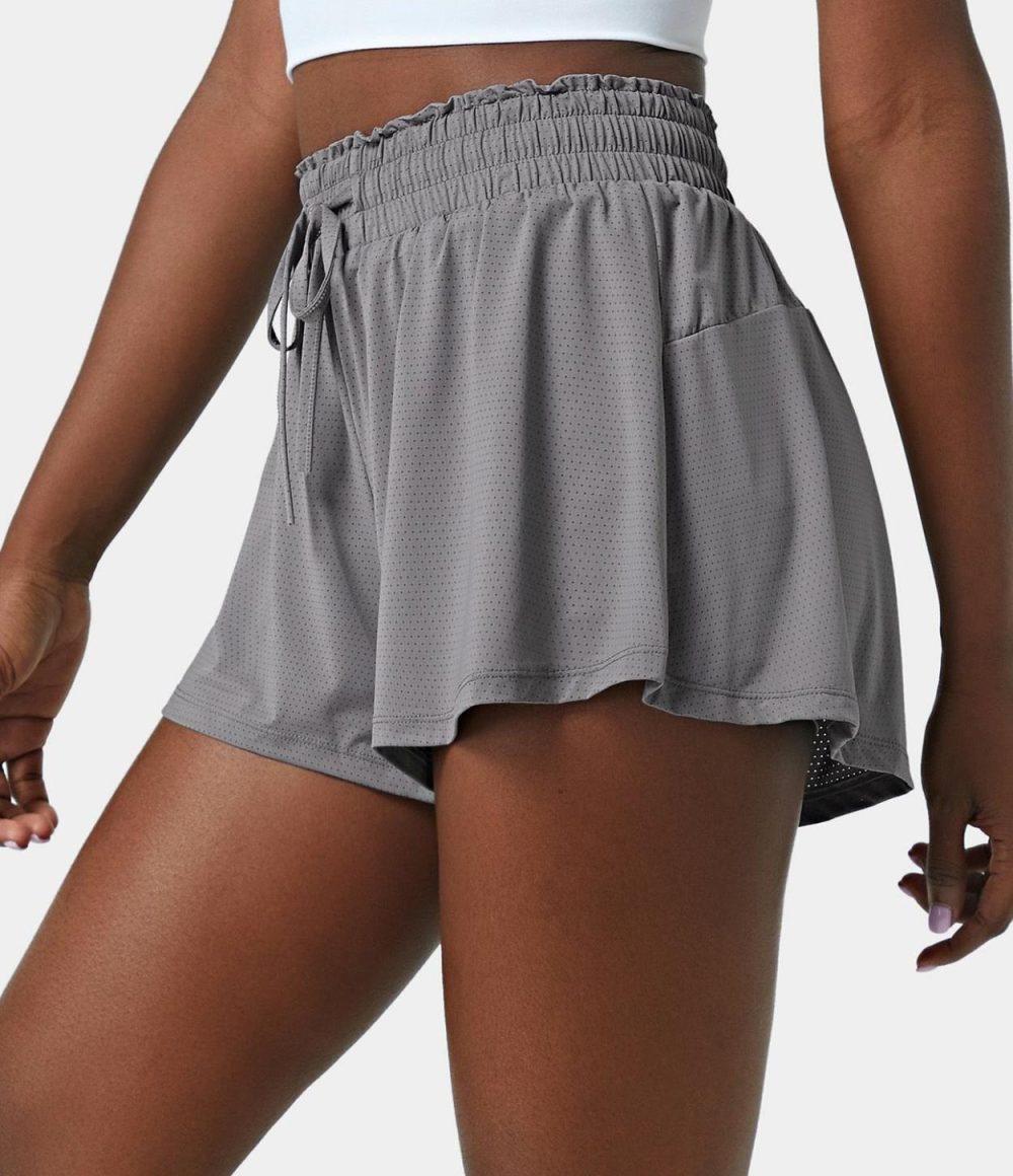 High Waisted Frill Elastic Mesh Drawstring Shorts 2.5”  | Womens  2.5″ Shorts Clothing 2.5" Shorts