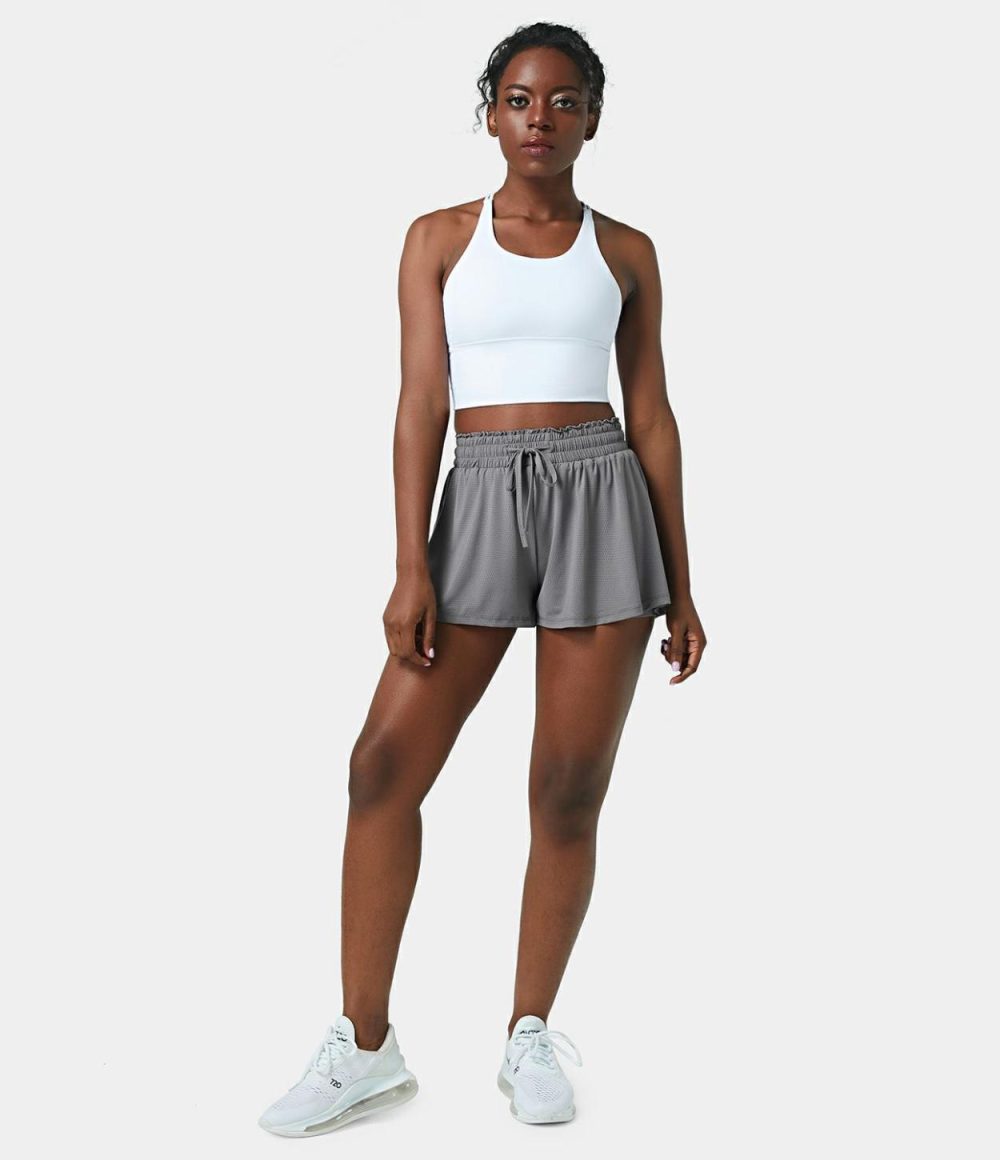 High Waisted Frill Elastic Mesh Drawstring Shorts 2.5”  | Womens  2.5″ Shorts Clothing 2.5" Shorts