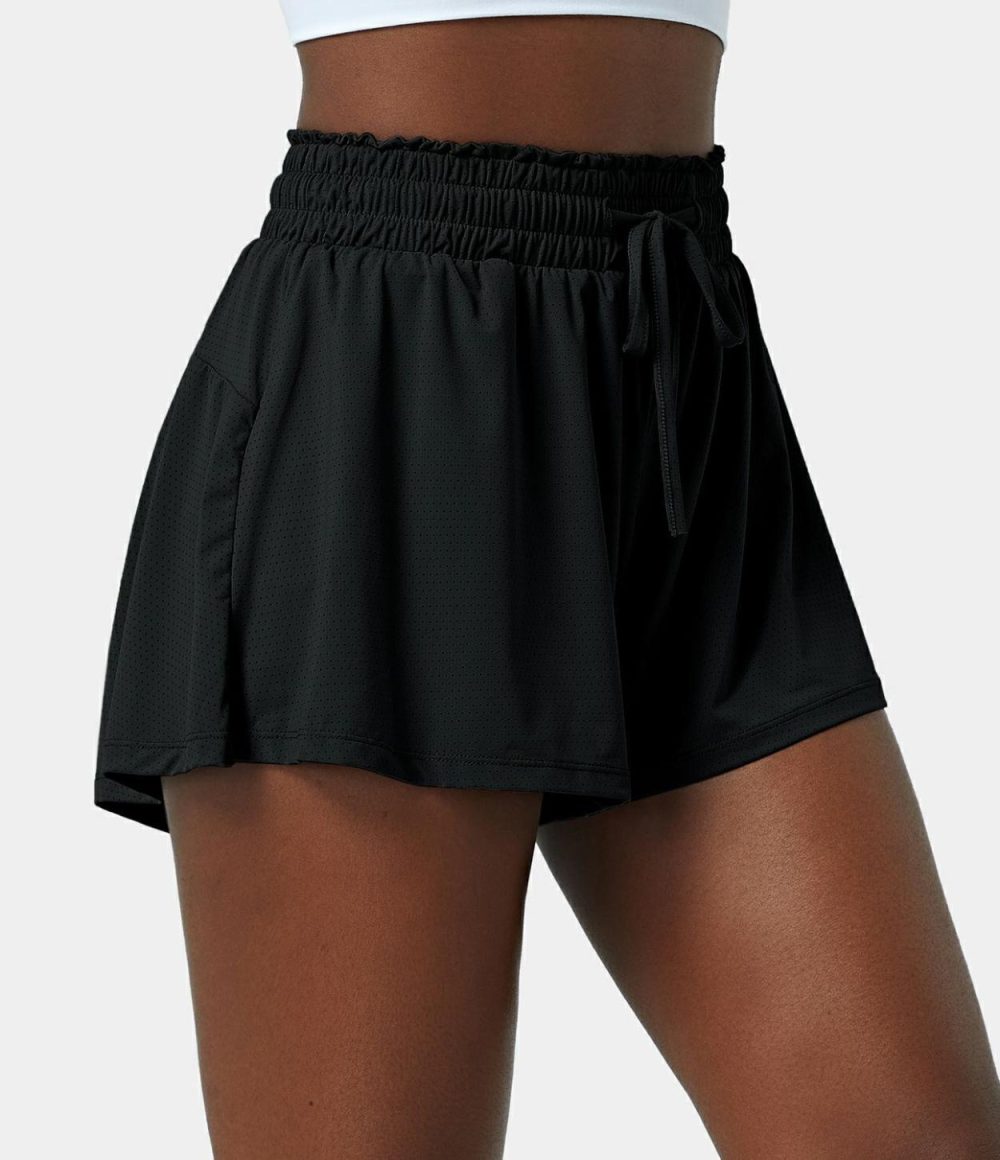 High Waisted Frill Elastic Mesh Drawstring Shorts 2.5”  | Womens  2.5″ Shorts Clothing 2.5" Shorts