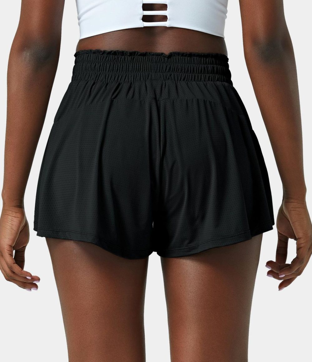 High Waisted Frill Elastic Mesh Drawstring Shorts 2.5”  | Womens  2.5″ Shorts Clothing 2.5" Shorts