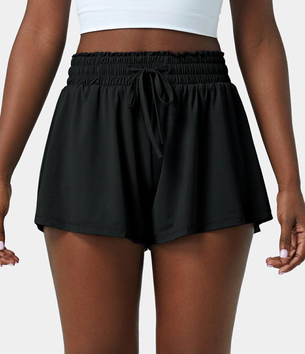 High Waisted Frill Elastic Mesh Drawstring Shorts 2.5”  | Womens  2.5″ Shorts Clothing 2.5" Shorts