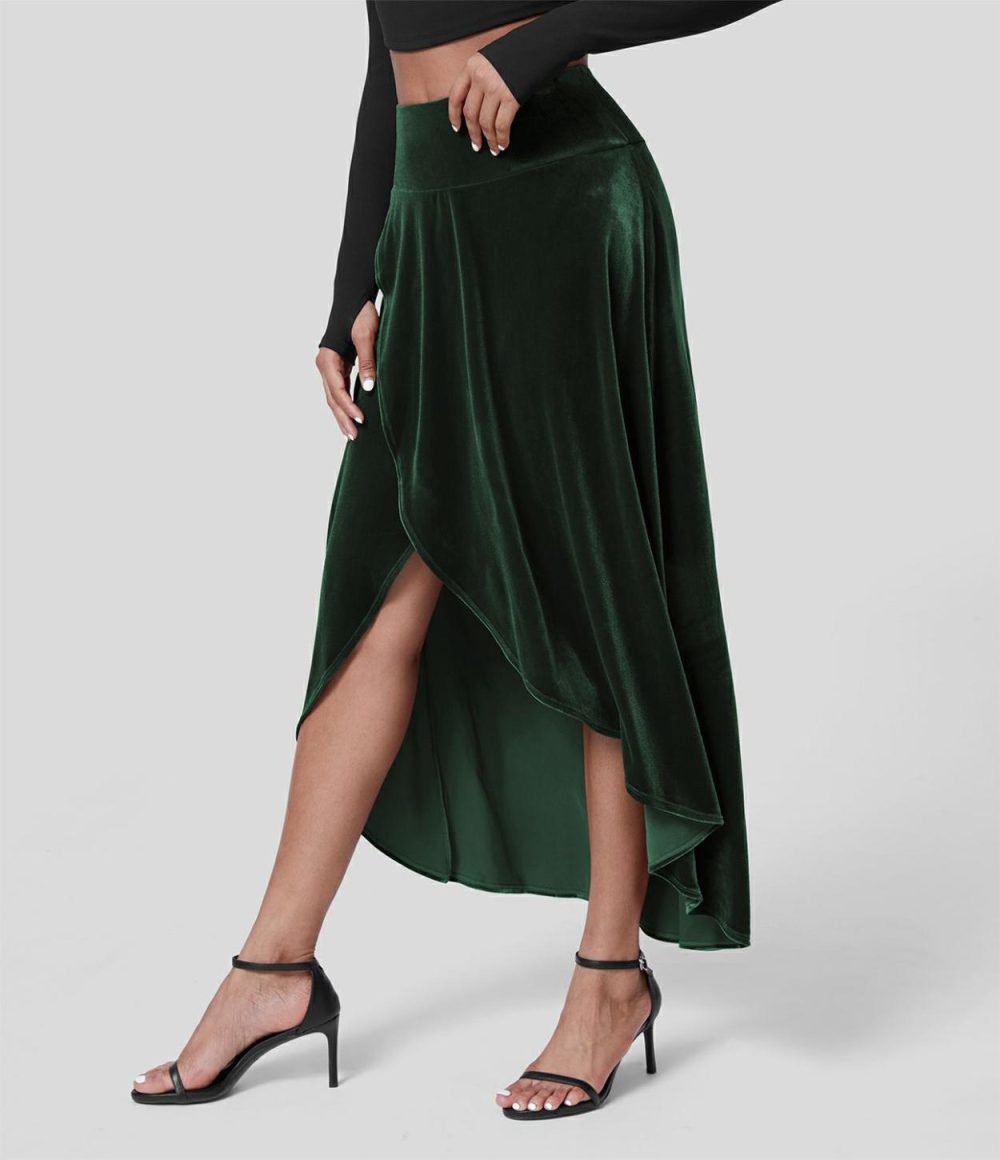 High Waisted High Low Crossover 2-in-1 Velvet Maxi Party Skirt  | Womens  2-in-1 Skorts 2-in-1 Skorts 2-in-1 Skorts