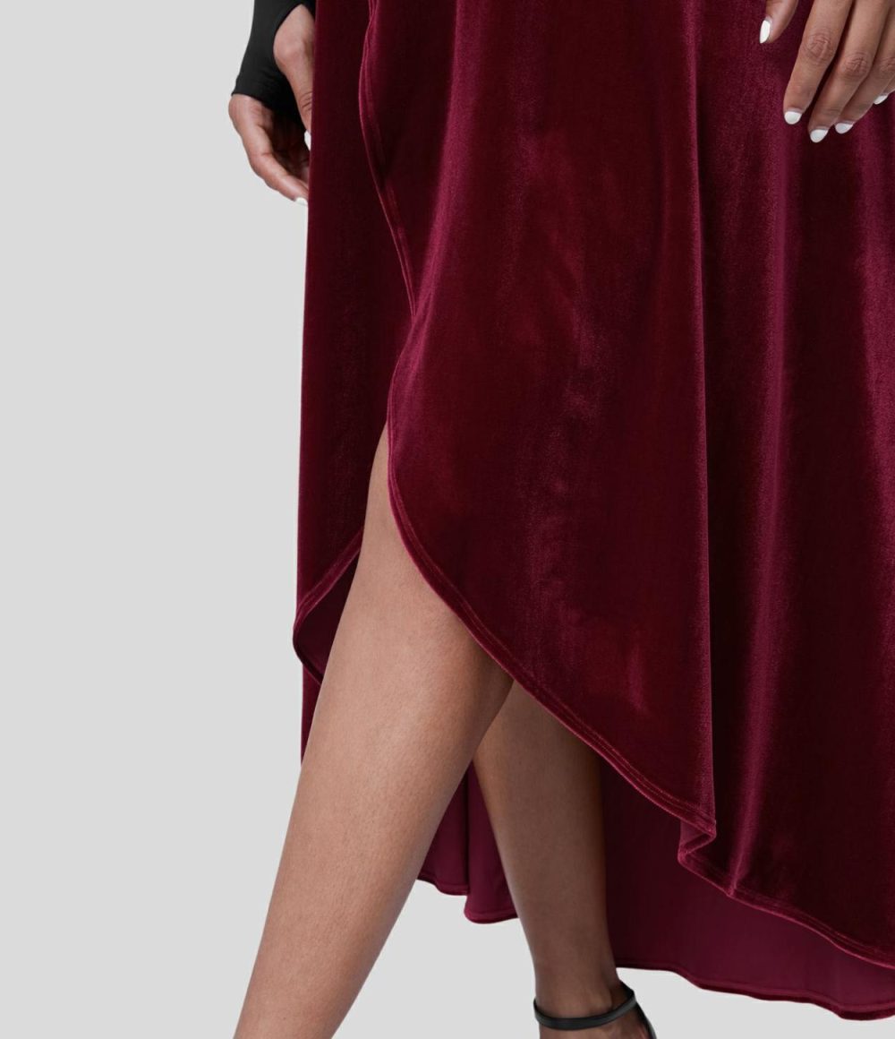 High Waisted High Low Crossover 2-in-1 Velvet Maxi Party Skirt  | Womens  2-in-1 Skorts 2-in-1 Skorts 2-in-1 Skorts