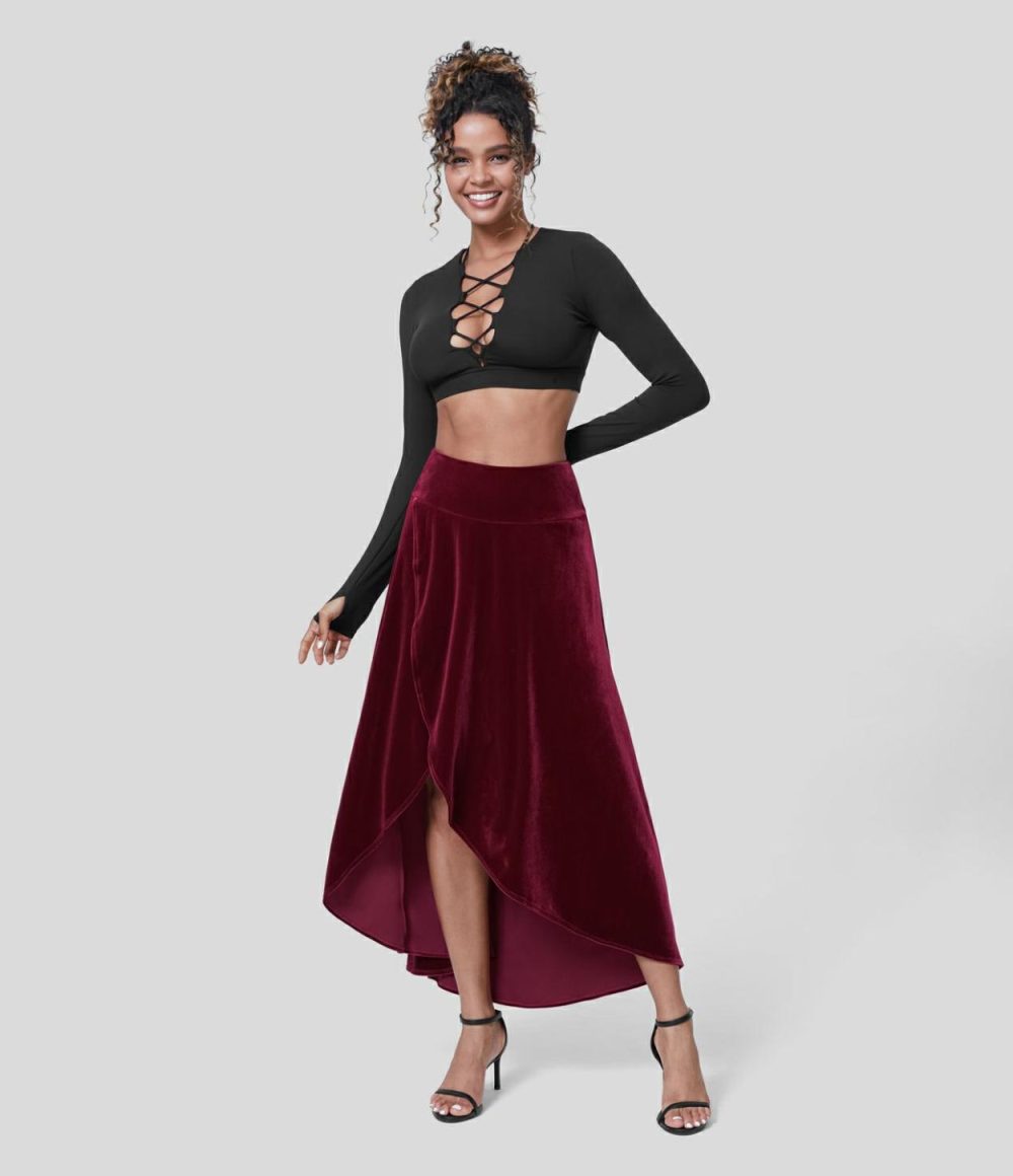 High Waisted High Low Crossover 2-in-1 Velvet Maxi Party Skirt  | Womens  2-in-1 Skorts 2-in-1 Skorts 2-in-1 Skorts