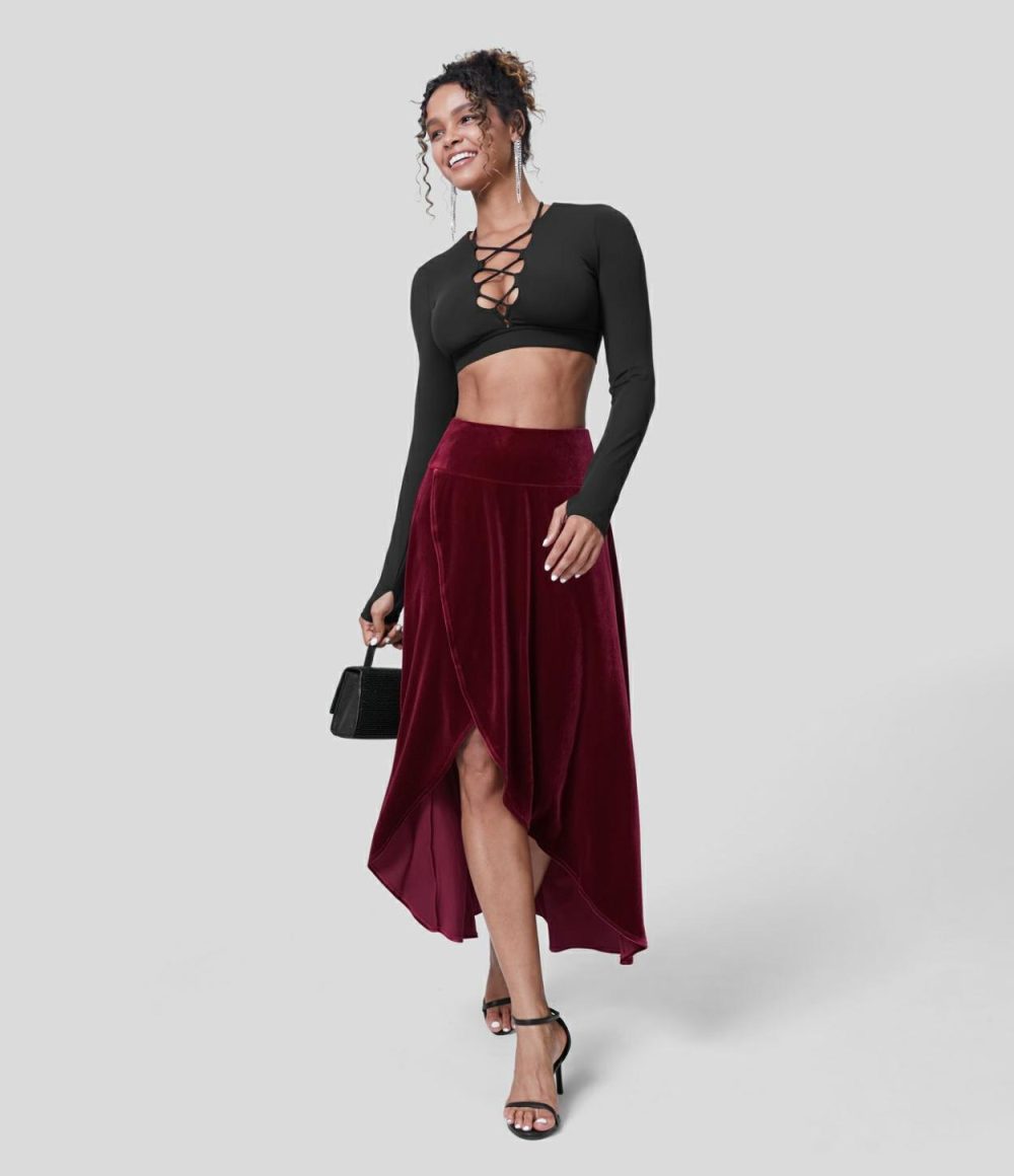 High Waisted High Low Crossover 2-in-1 Velvet Maxi Party Skirt  | Womens  2-in-1 Skorts 2-in-1 Skorts 2-in-1 Skorts