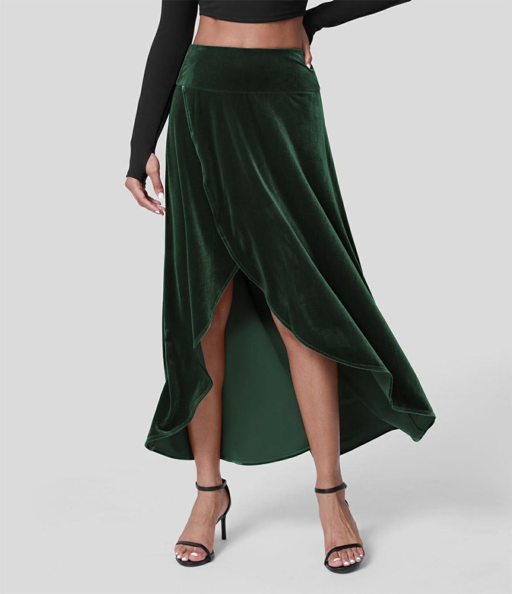 High Waisted High Low Crossover 2-in-1 Velvet Maxi Party Skirt  | Womens  2-in-1 Skorts 2-in-1 Skorts 2-in-1 Skorts