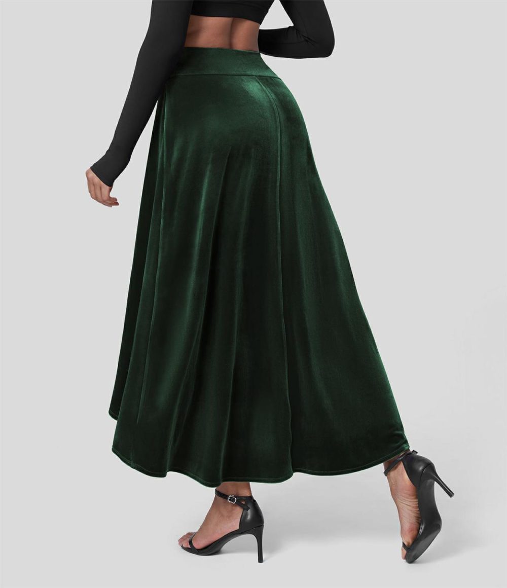 High Waisted High Low Crossover 2-in-1 Velvet Maxi Party Skirt  | Womens  2-in-1 Skorts 2-in-1 Skorts 2-in-1 Skorts