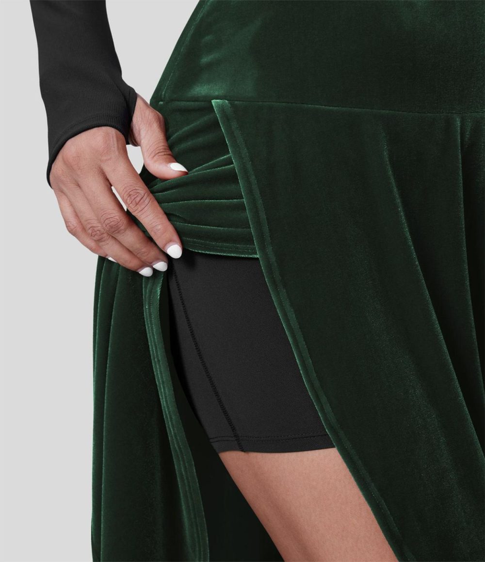 High Waisted High Low Crossover 2-in-1 Velvet Maxi Party Skirt  | Womens  2-in-1 Skorts 2-in-1 Skorts 2-in-1 Skorts