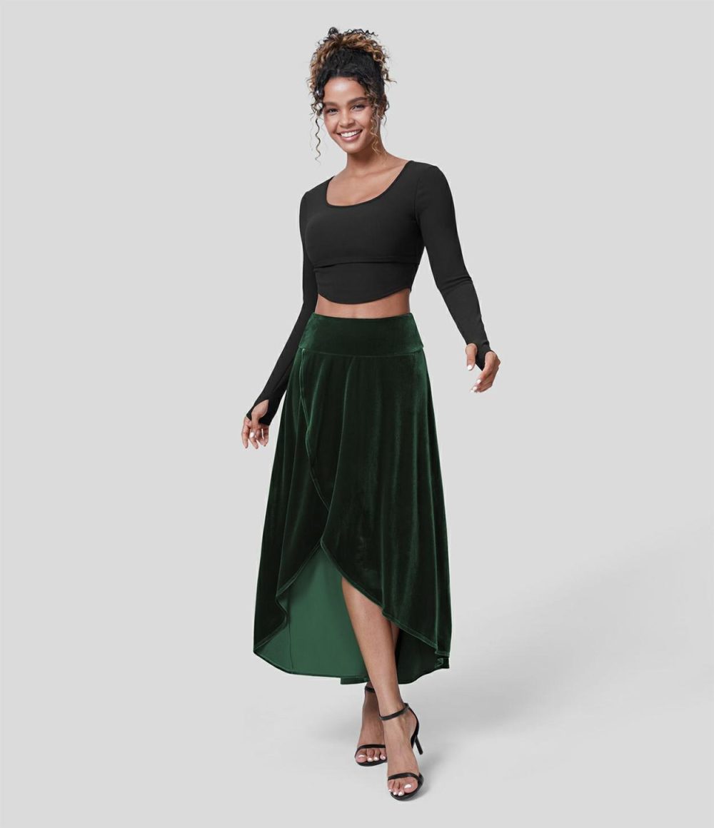 High Waisted High Low Crossover 2-in-1 Velvet Maxi Party Skirt  | Womens  2-in-1 Skorts 2-in-1 Skorts 2-in-1 Skorts