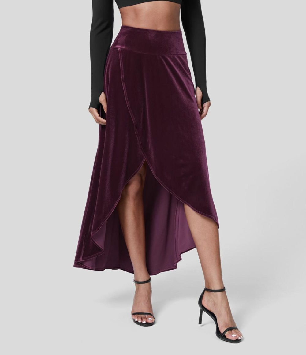 High Waisted High Low Crossover 2-in-1 Velvet Maxi Party Skirt  | Womens  2-in-1 Skorts 2-in-1 Skorts 2-in-1 Skorts