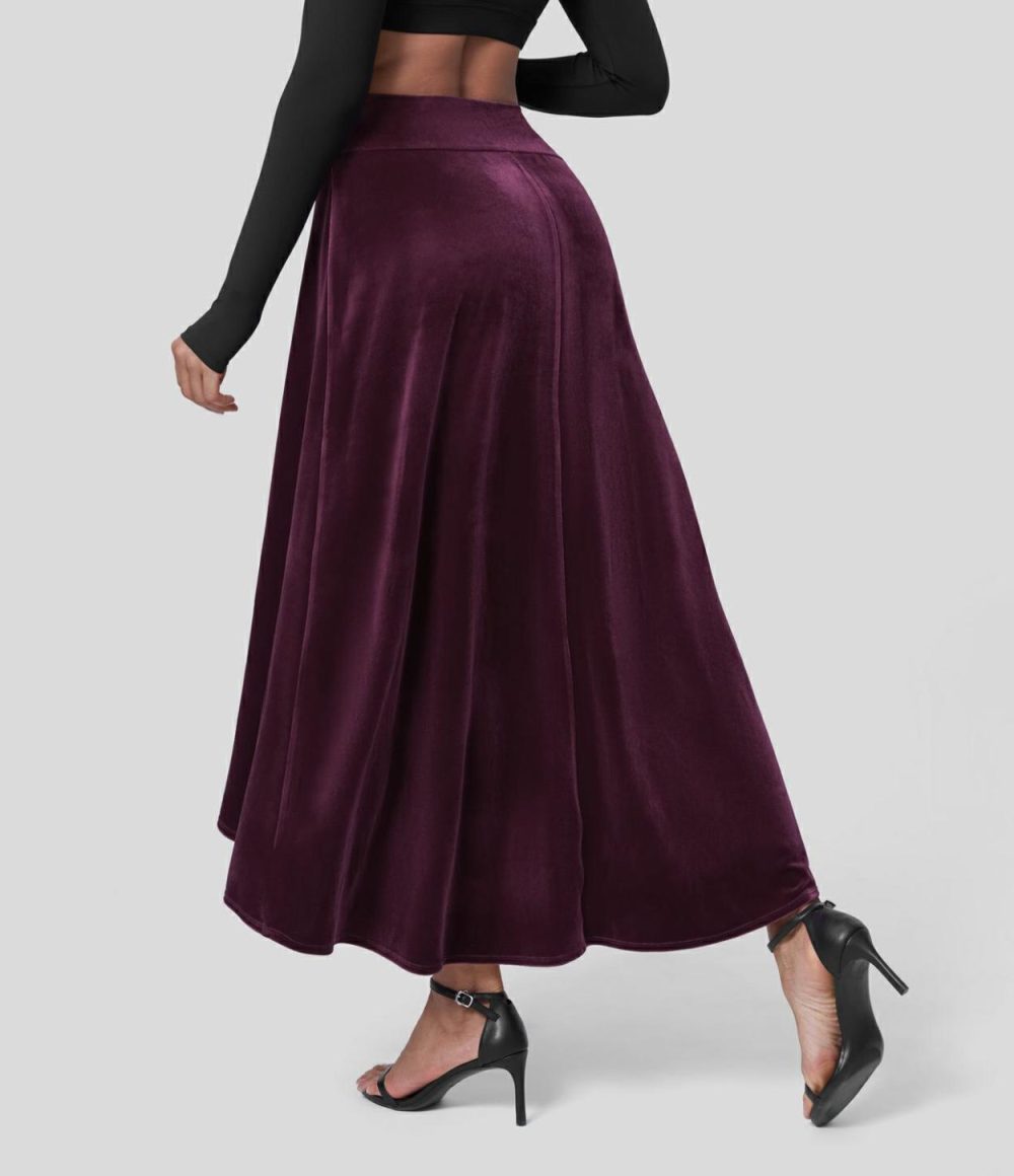 High Waisted High Low Crossover 2-in-1 Velvet Maxi Party Skirt  | Womens  2-in-1 Skorts 2-in-1 Skorts 2-in-1 Skorts