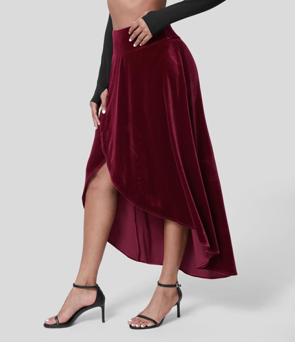 High Waisted High Low Crossover 2-in-1 Velvet Maxi Party Skirt  | Womens  2-in-1 Skorts 2-in-1 Skorts 2-in-1 Skorts