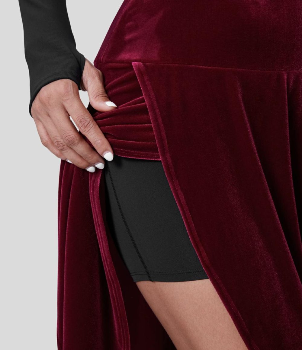 High Waisted High Low Crossover 2-in-1 Velvet Maxi Party Skirt  | Womens  2-in-1 Skorts 2-in-1 Skorts 2-in-1 Skorts