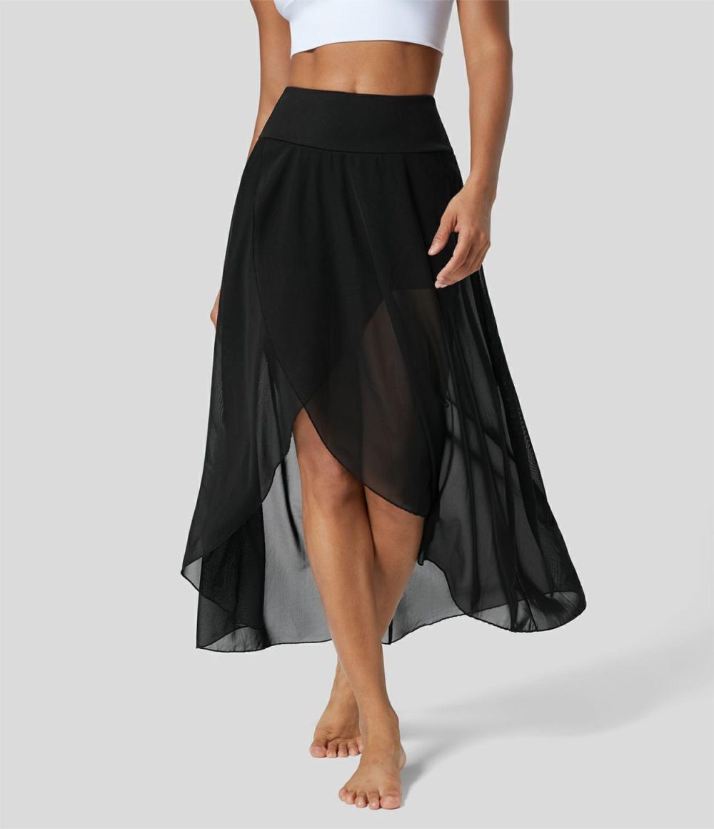 High Waisted High Low Ruffle 2-in-1 Side Pocket Flare Mesh Casual Regular Maxi Skirt  | Womens  2-in-1 Skorts 2-in-1 Skorts 2-in-1 Skorts