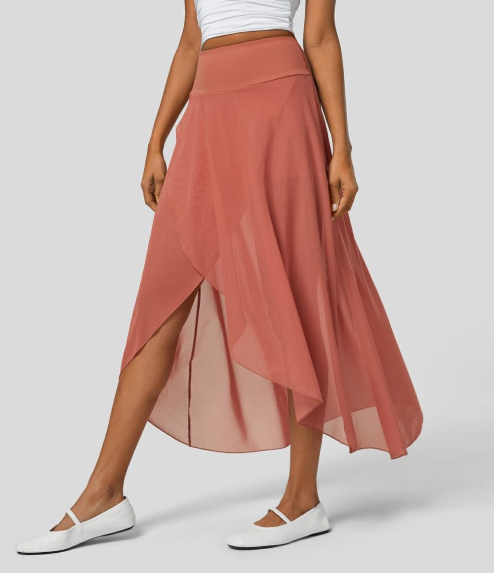 High Waisted High Low Ruffle 2-in-1 Side Pocket Flare Mesh Casual Regular Maxi Skirt  | Womens  2-in-1 Skorts 2-in-1 Skorts 2-in-1 Skorts