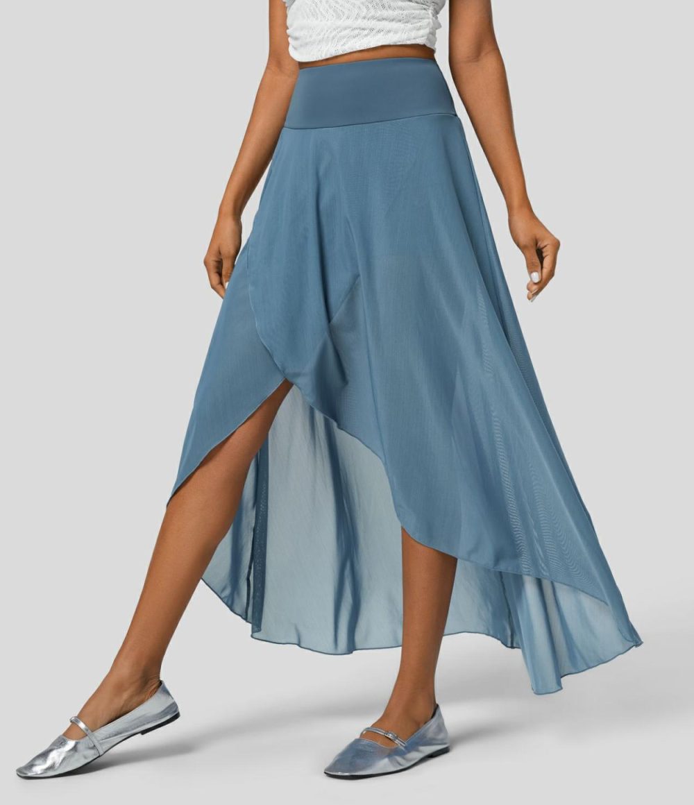 High Waisted High Low Ruffle 2-in-1 Side Pocket Flare Mesh Casual Regular Maxi Skirt  | Womens  2-in-1 Skorts 2-in-1 Skorts 2-in-1 Skorts