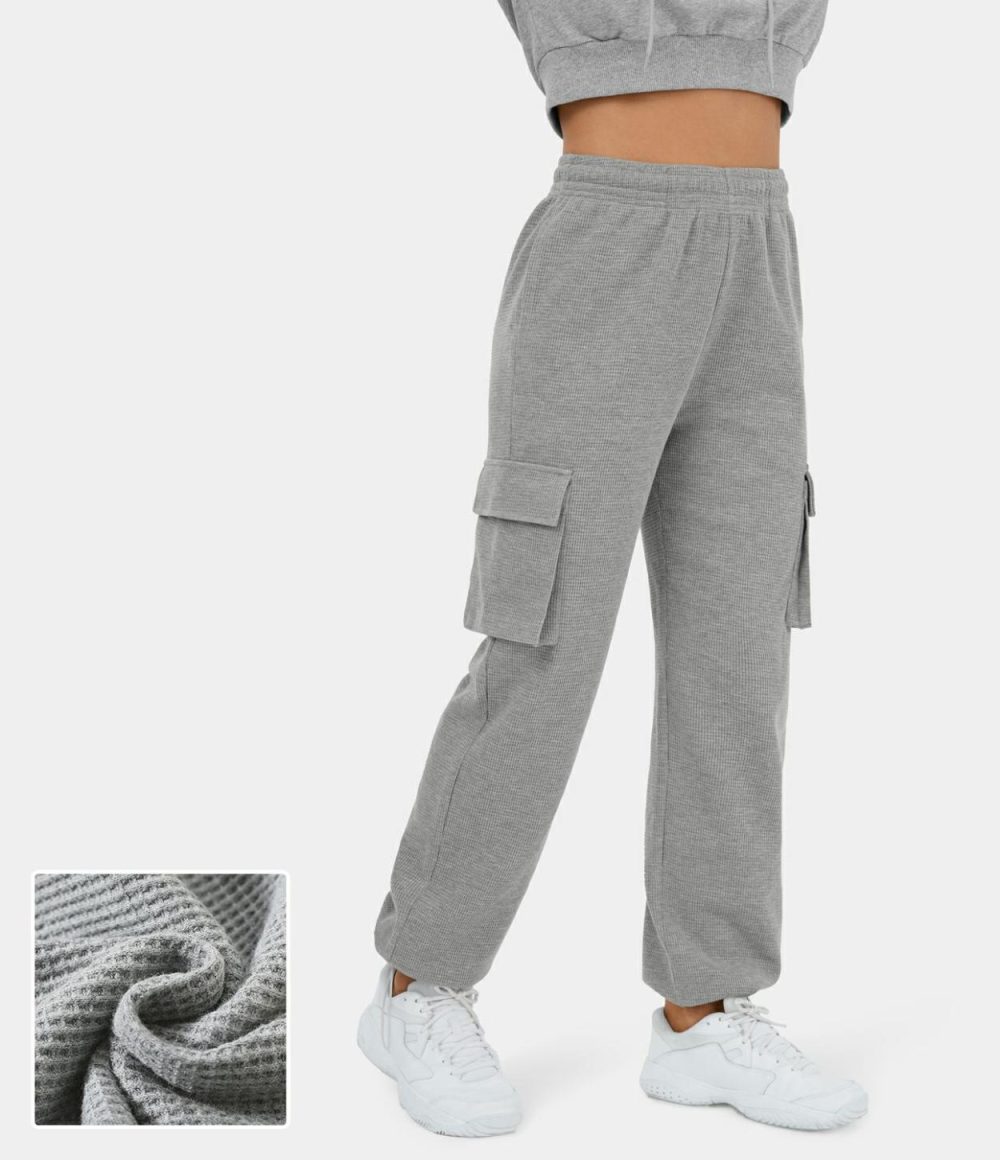 High Waisted Inside Drawstring Multiple Pockets Waffle Casual Cotton Cargo Joggers  | Womens  Cargo Pants Cargo Pants Black/Fog Gray