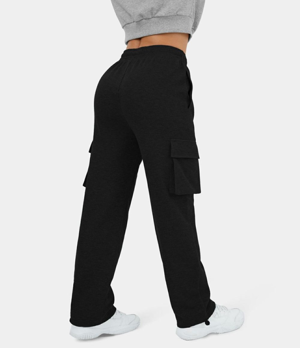 High Waisted Inside Drawstring Multiple Pockets Waffle Casual Cotton Cargo Joggers  | Womens  Cargo Pants Cargo Pants Black/Fog Gray