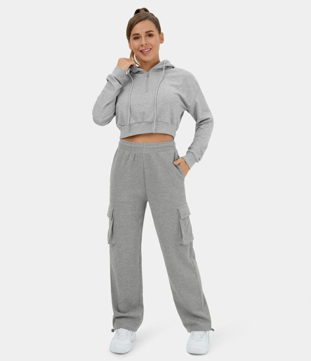 High Waisted Inside Drawstring Multiple Pockets Waffle Casual Cotton Cargo Joggers  | Womens  Cargo Pants Cargo Pants Black/Fog Gray