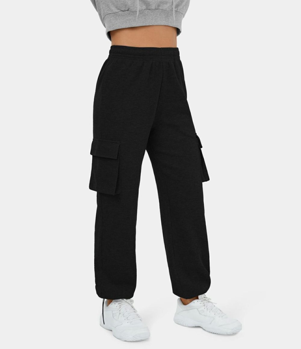 High Waisted Inside Drawstring Multiple Pockets Waffle Casual Cotton Cargo Joggers  | Womens  Cargo Pants Cargo Pants Black/Fog Gray