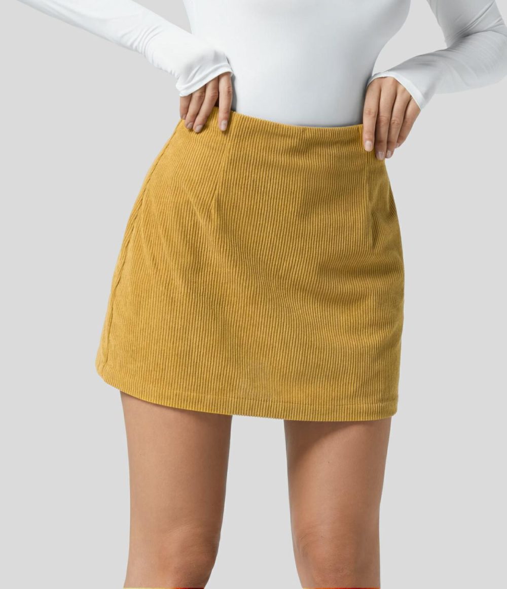 High Waisted Invisible Zipper 2-in-1 A Line Mini Corduroy Casual Skirt  | Womens  Mini Skirts Clothing Cocoa Brown/Black/Icy Bamboo Green/Desert Sand/Dress Blues/Autumn Yellow/Vanilla Ice/Bombay Brown/Cloud Gray Blue/Pompeian Red