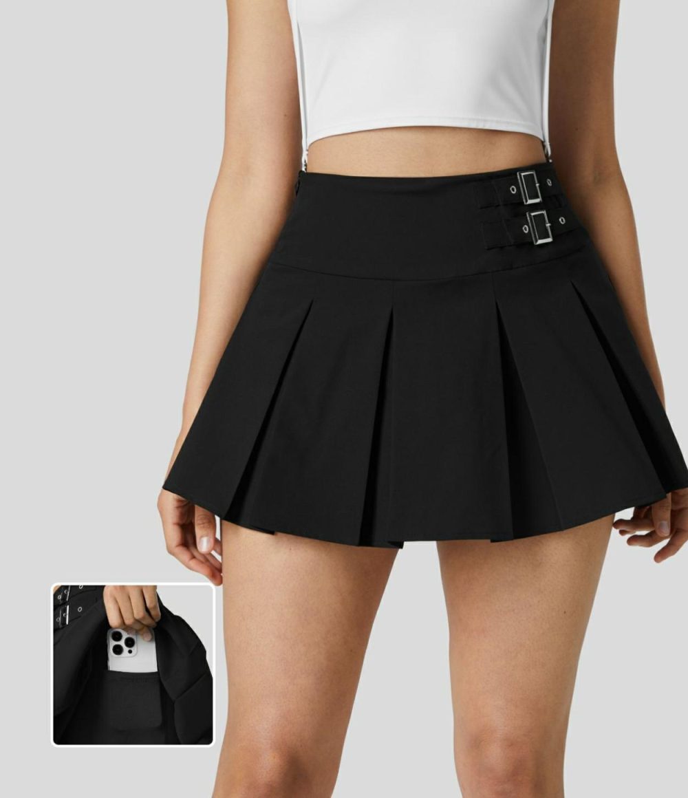 High Waisted Invisible Zipper Decorative Buckle 2-in-1 Side Pocket Pleated A Line Mini Dance Skirt  | Womens  Mini Skirts Clothing Black/Sea Storm