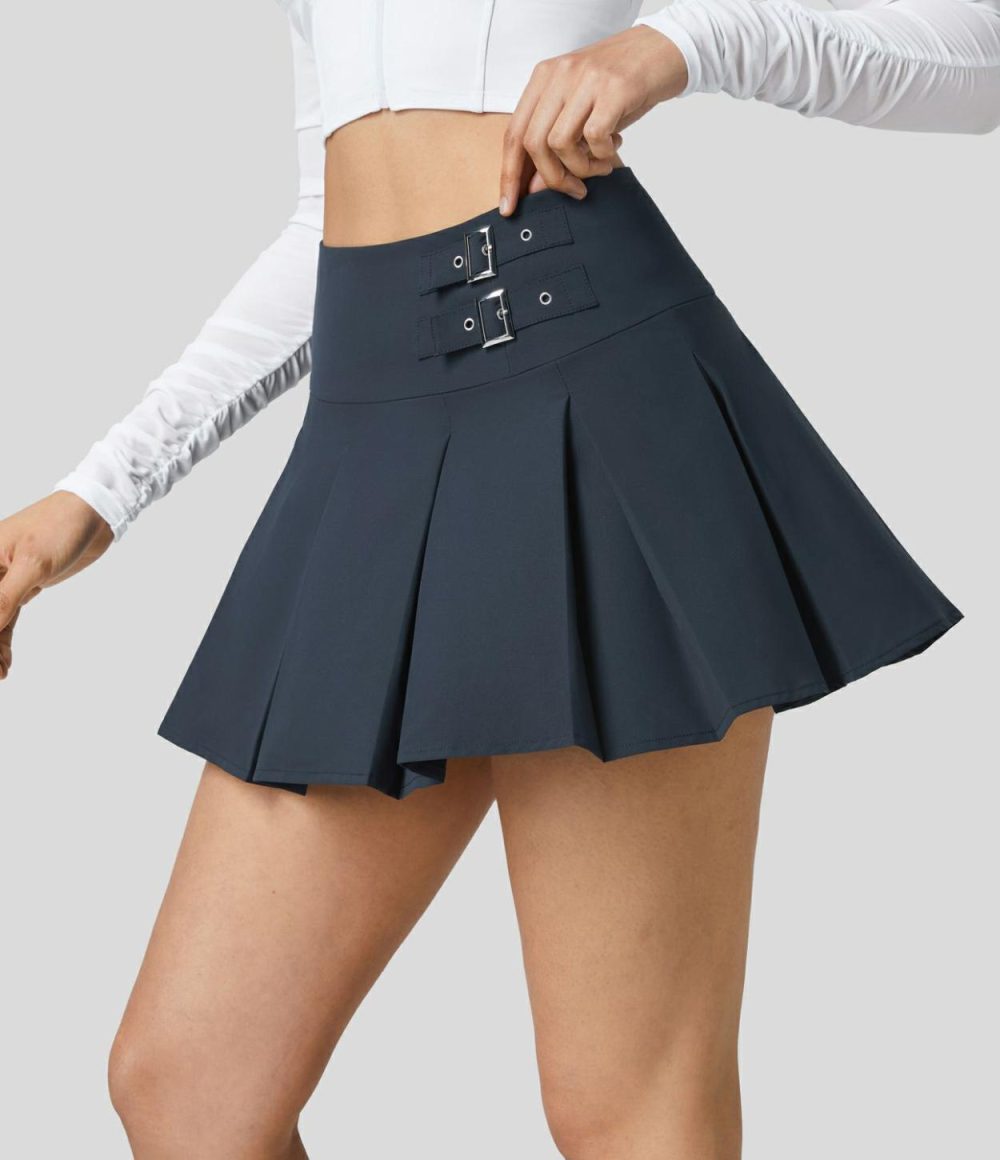 High Waisted Invisible Zipper Decorative Buckle 2-in-1 Side Pocket Pleated A Line Mini Dance Skirt  | Womens  Mini Skirts Clothing Black/Sea Storm