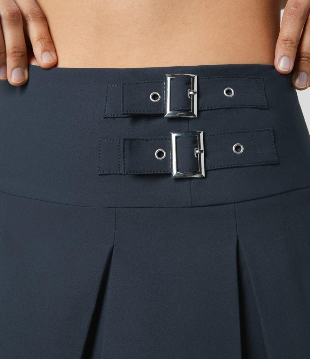 High Waisted Invisible Zipper Decorative Buckle 2-in-1 Side Pocket Pleated A Line Mini Dance Skirt  | Womens  Mini Skirts Clothing Black/Sea Storm