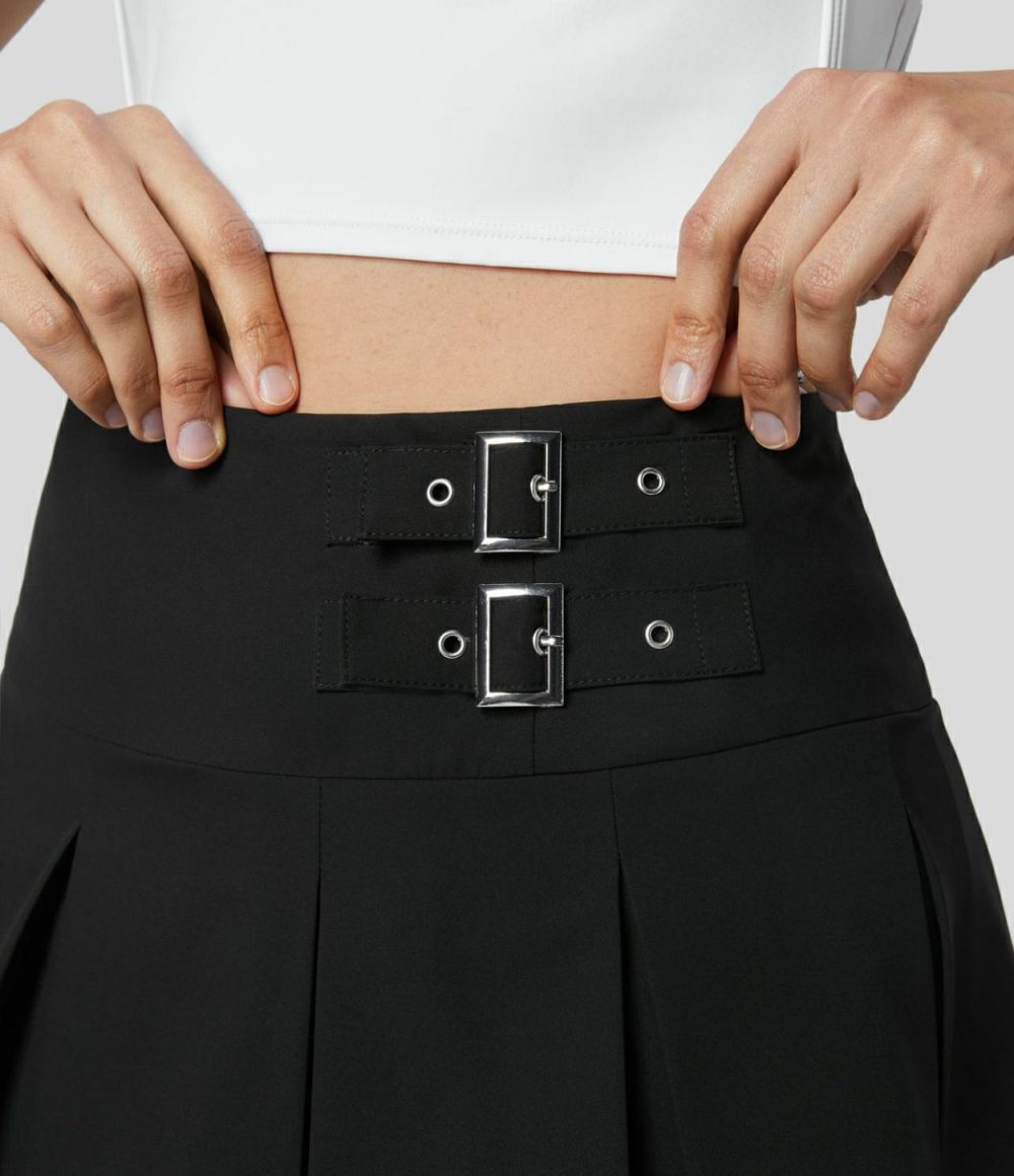 High Waisted Invisible Zipper Decorative Buckle 2-in-1 Side Pocket Pleated A Line Mini Dance Skirt  | Womens  Mini Skirts Clothing Black/Sea Storm