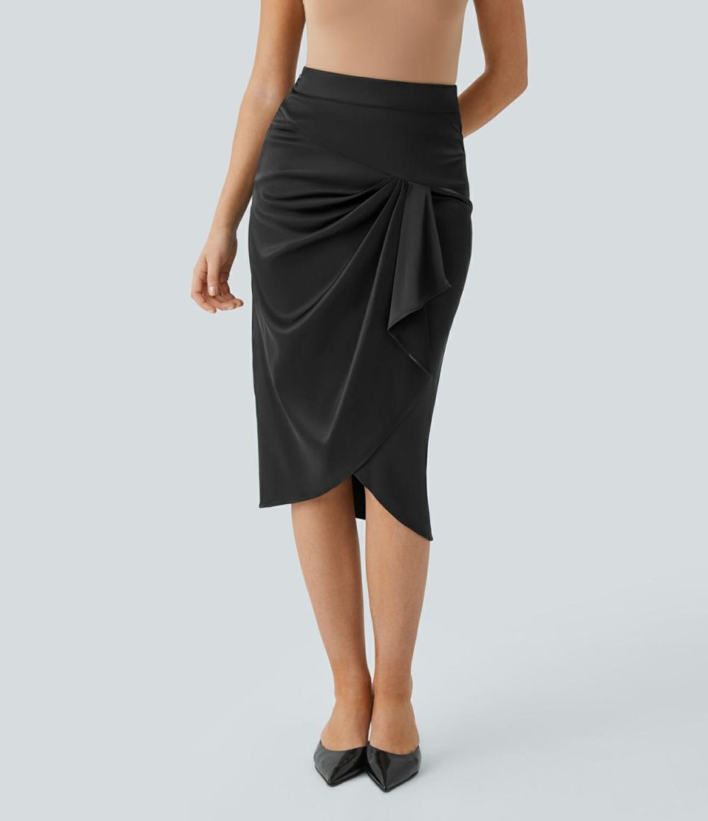 High Waisted Invisible Zipper Plicated Satin Midi Work Skirt  | Womens  Commuting Skirts Clothing Angora/Black