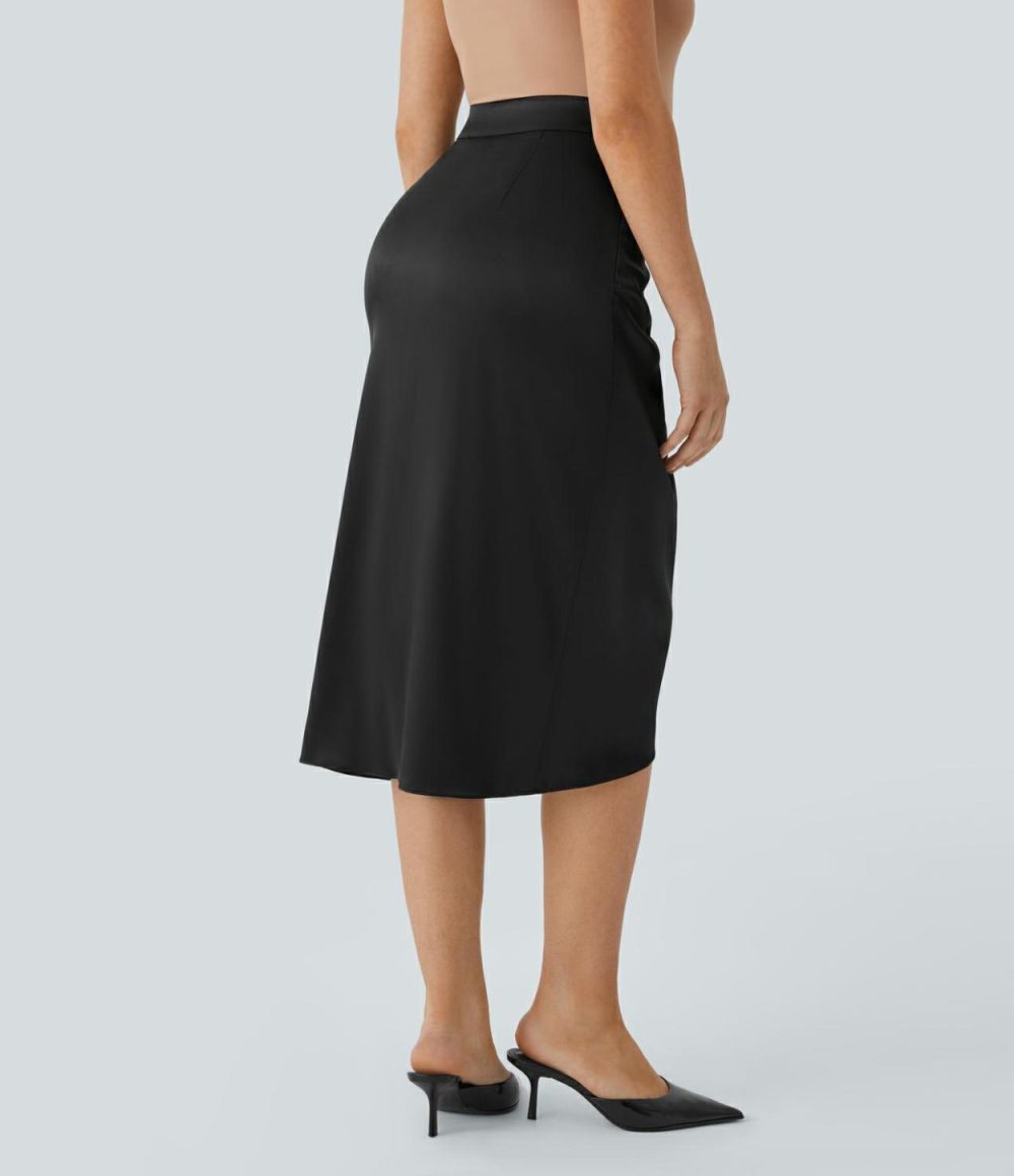 High Waisted Invisible Zipper Plicated Satin Midi Work Skirt  | Womens  Commuting Skirts Clothing Angora/Black