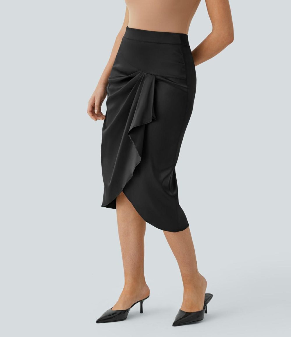 High Waisted Invisible Zipper Plicated Satin Midi Work Skirt  | Womens  Commuting Skirts Clothing Angora/Black