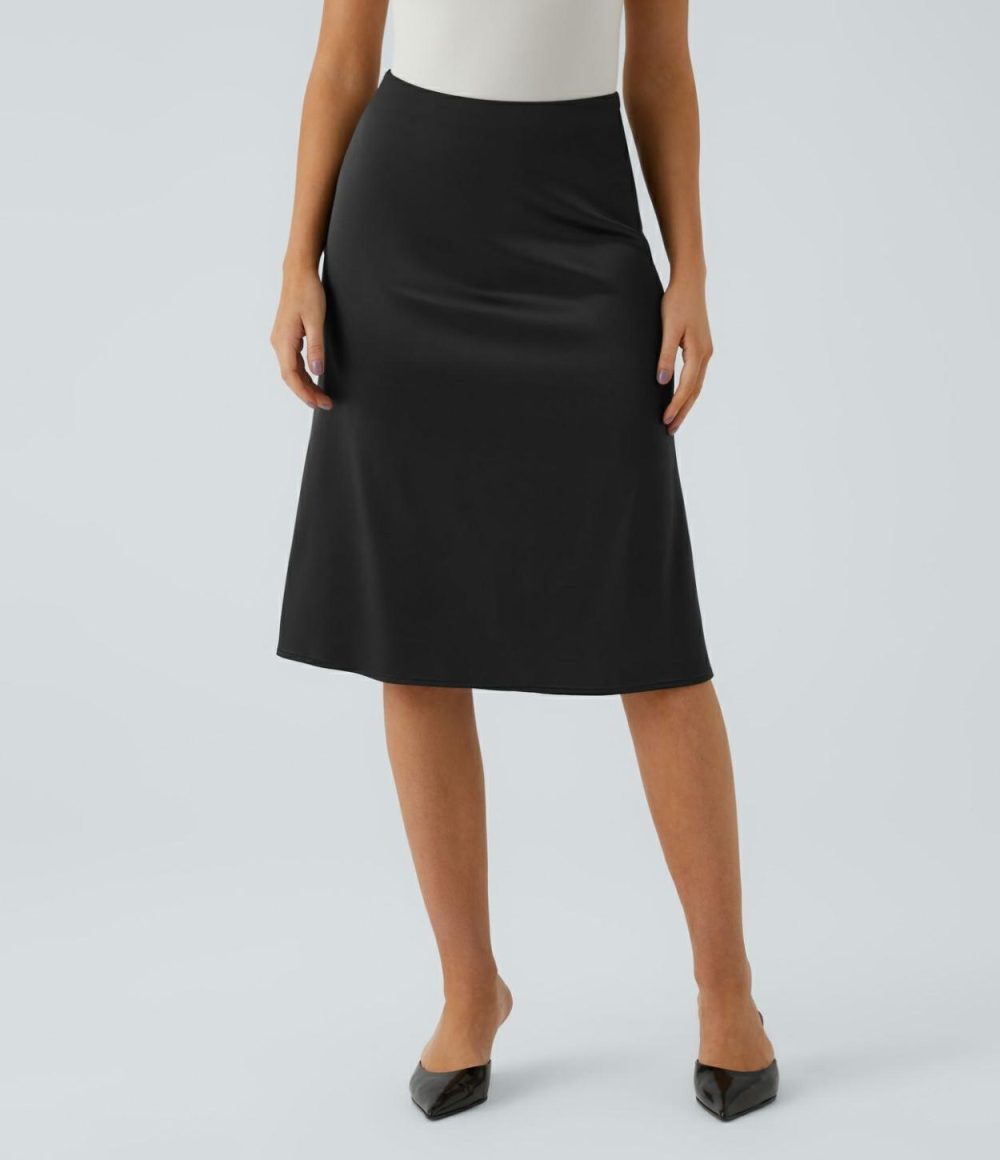 High Waisted Invisible Zipper Satin Midi Work Skirt  | Womens  Commuting Skirts Clothing Angora/Black