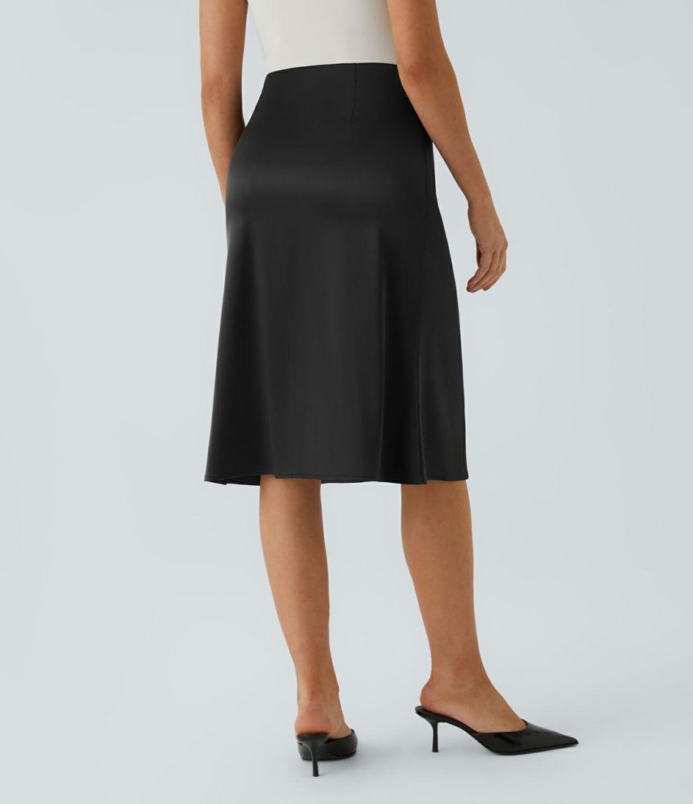 High Waisted Invisible Zipper Satin Midi Work Skirt  | Womens  Commuting Skirts Clothing Angora/Black