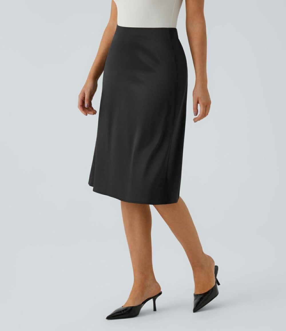 High Waisted Invisible Zipper Satin Midi Work Skirt  | Womens  Commuting Skirts Clothing Angora/Black