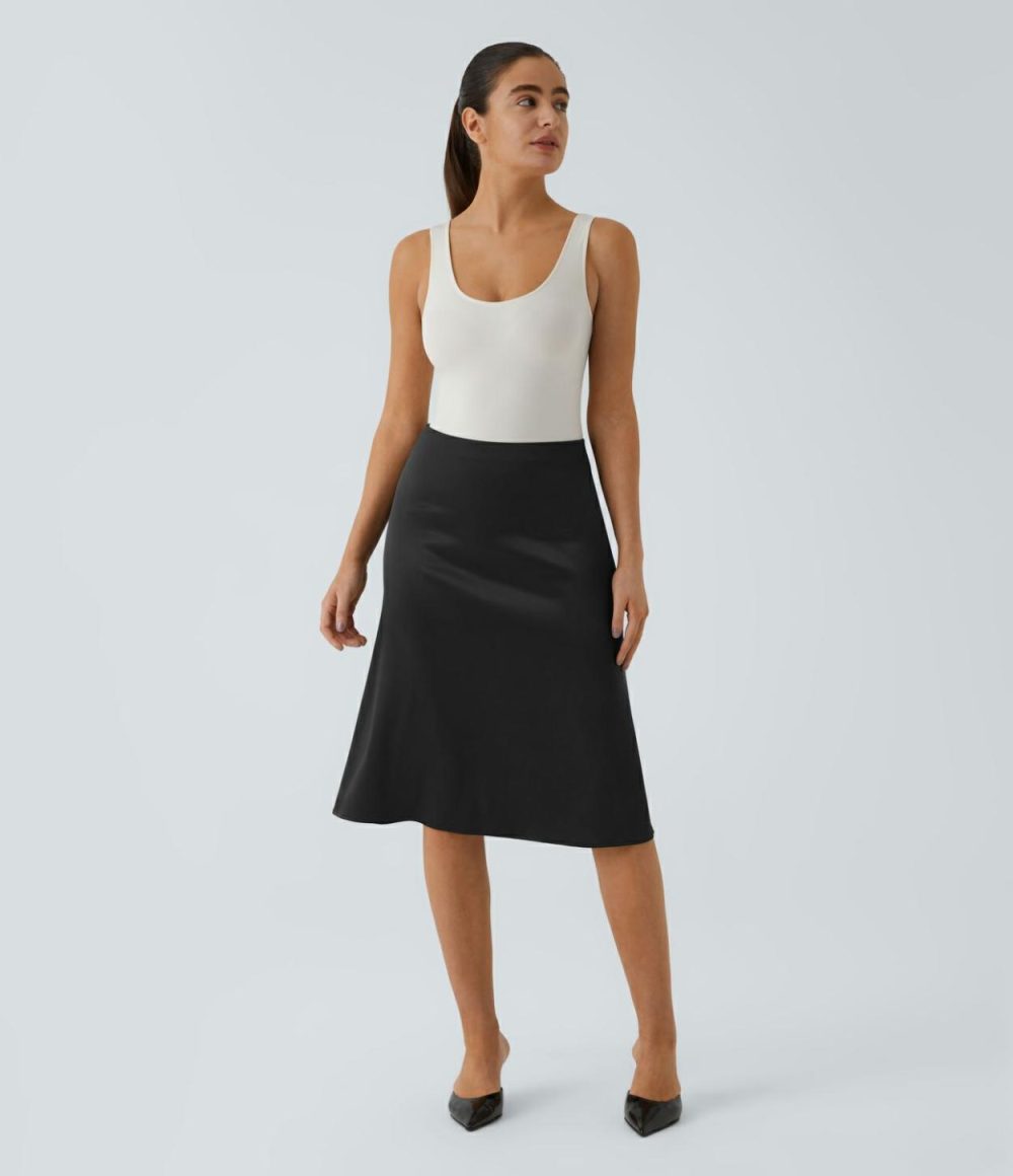 High Waisted Invisible Zipper Satin Midi Work Skirt  | Womens  Commuting Skirts Clothing Angora/Black