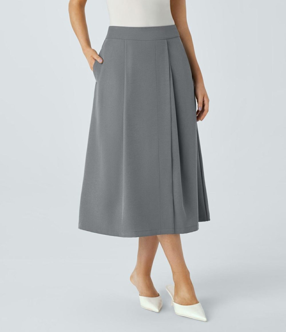 High Waisted Invisible Zipper Side Pocket Split Midi Work Skirt  | Womens  Commuting Skirts Clothing Commuting Skirts