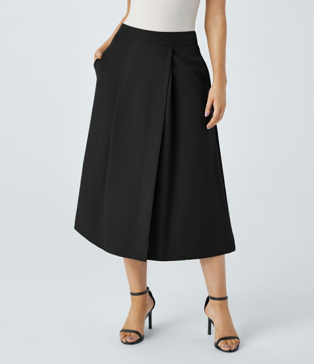 High Waisted Invisible Zipper Side Pocket Split Midi Work Skirt  | Womens  Commuting Skirts Clothing Commuting Skirts