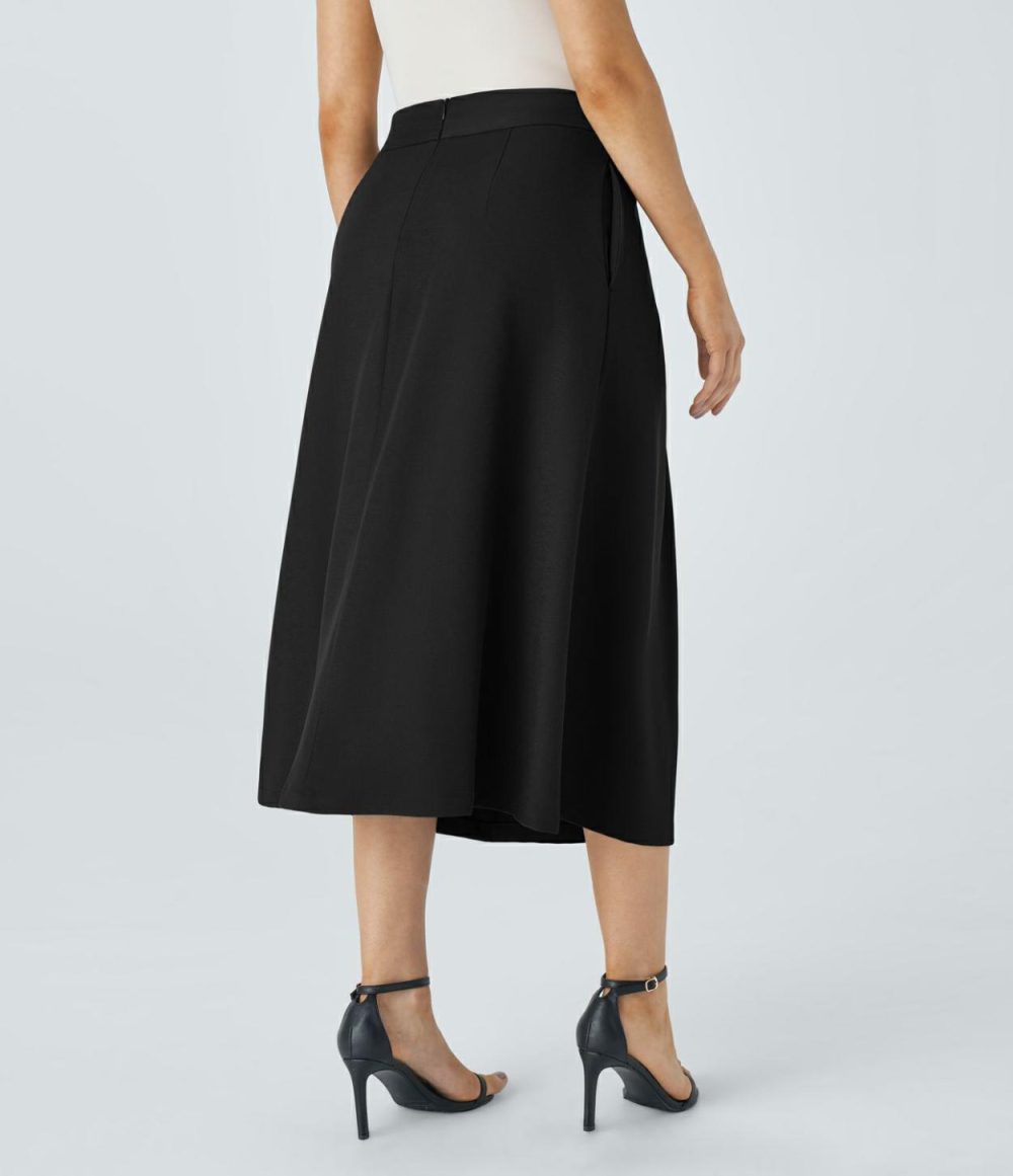 High Waisted Invisible Zipper Side Pocket Split Midi Work Skirt  | Womens  Commuting Skirts Clothing Commuting Skirts