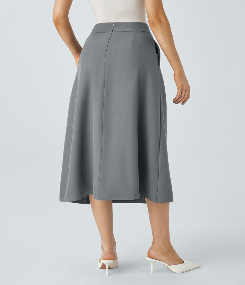 High Waisted Invisible Zipper Side Pocket Split Midi Work Skirt  | Womens  Commuting Skirts Clothing Commuting Skirts