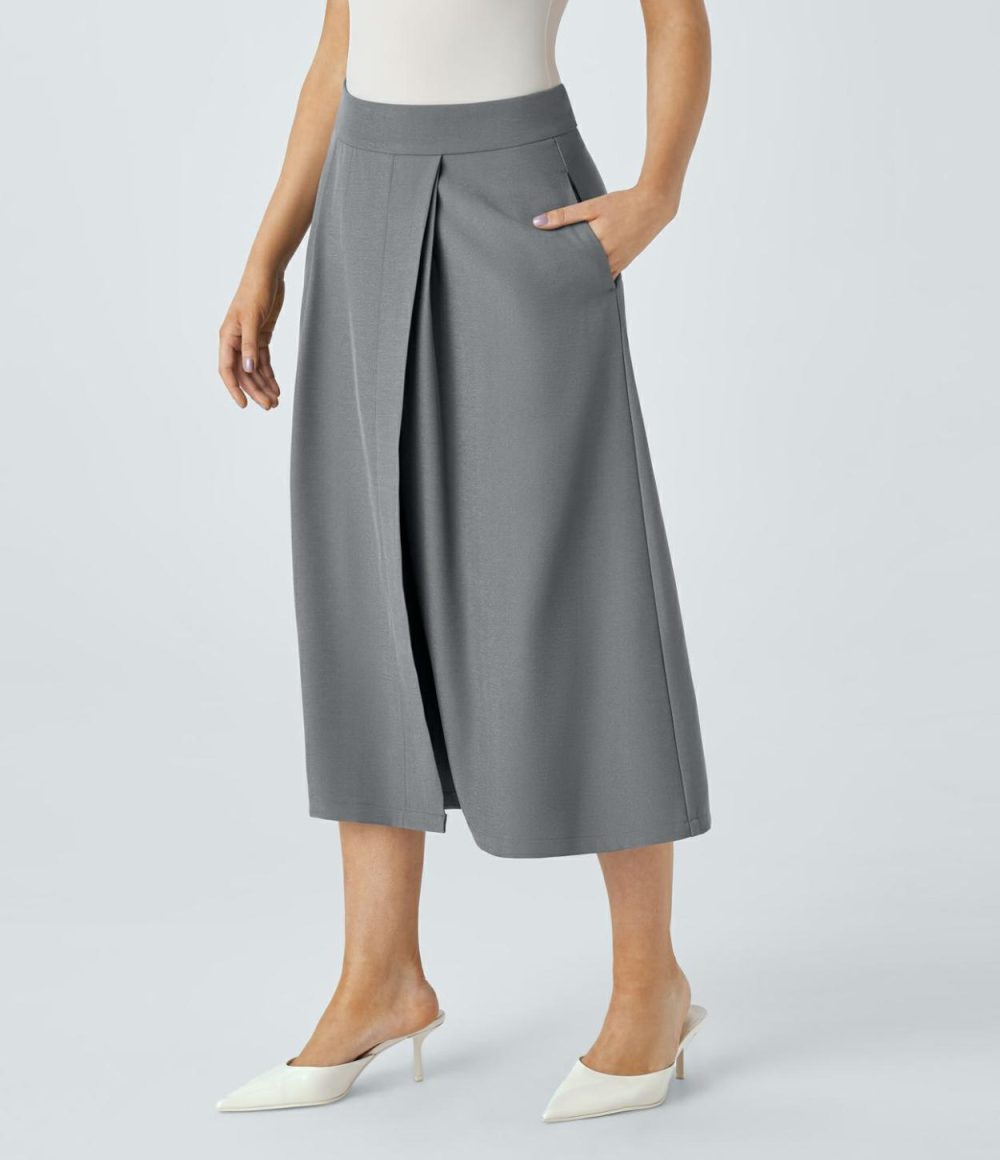 High Waisted Invisible Zipper Side Pocket Split Midi Work Skirt  | Womens  Commuting Skirts Clothing Commuting Skirts