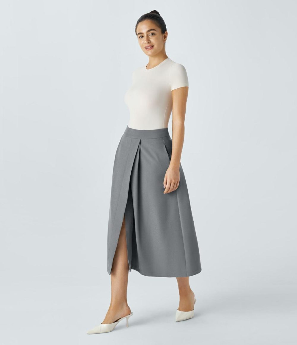 High Waisted Invisible Zipper Side Pocket Split Midi Work Skirt  | Womens  Commuting Skirts Clothing Commuting Skirts